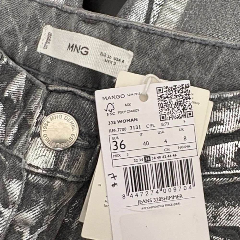 Mango Silver Shimmer High-Rise Jeans STRAIGHT FOIL JEANS 7131